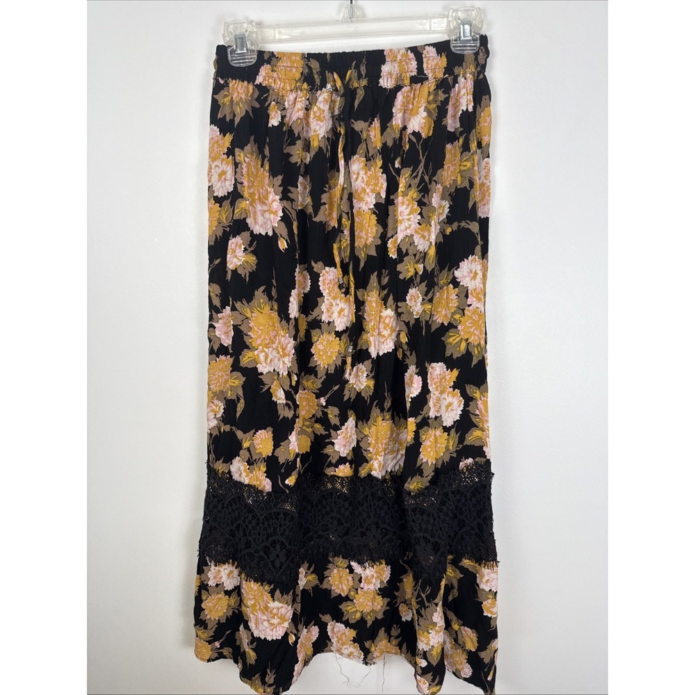 Angie Women's Maxi Black Floral Crochet Lace Boho Peasant Chic Career Skirt Sz S